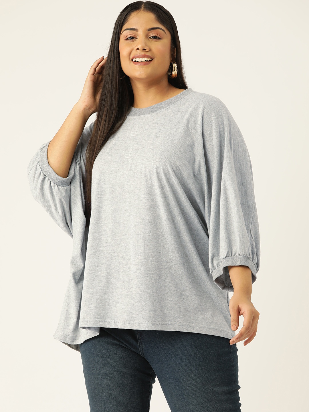 

theRebelinme Plus Size Batwing Sleeves Pure Cotton Longline Top, Grey