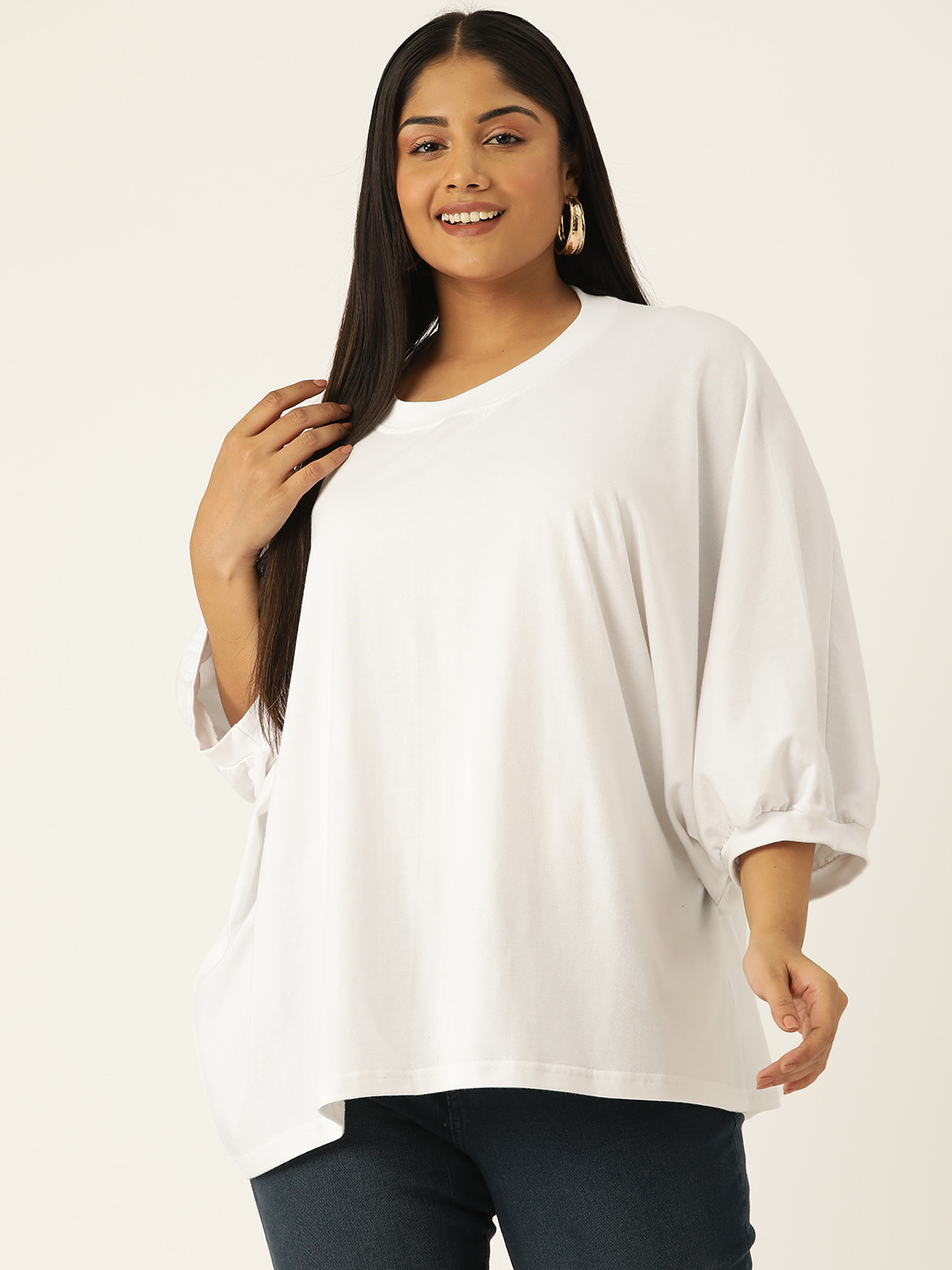 

theRebelinme Plus Size Batwing Sleeves Pure Cotton Longline Top, White