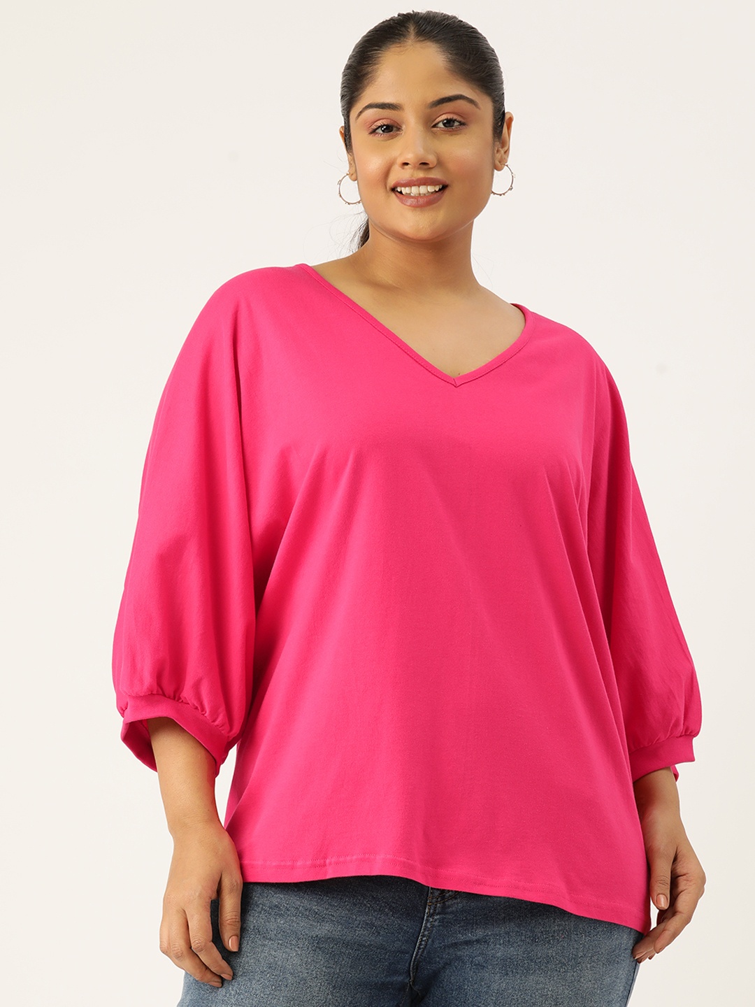 

theRebelinme Plus Size Batwing Sleeves Pure Cotton Longline Top, Fuchsia