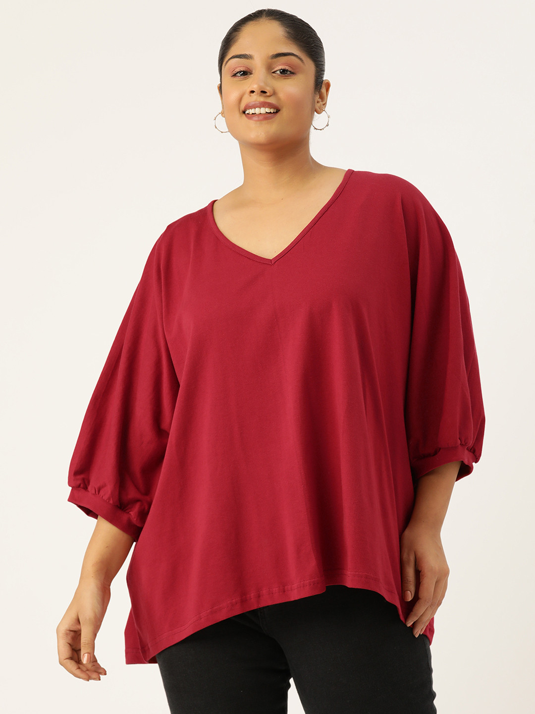 

theRebelinme Plus Size Batwing Sleeves Pure Cotton Longline Top, Maroon
