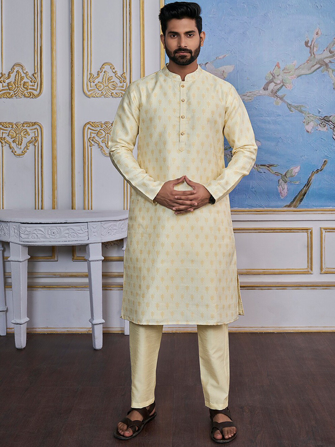 

Inddus Ethnic Motifs Woven Design Straight Kurta With Trousers, Cream