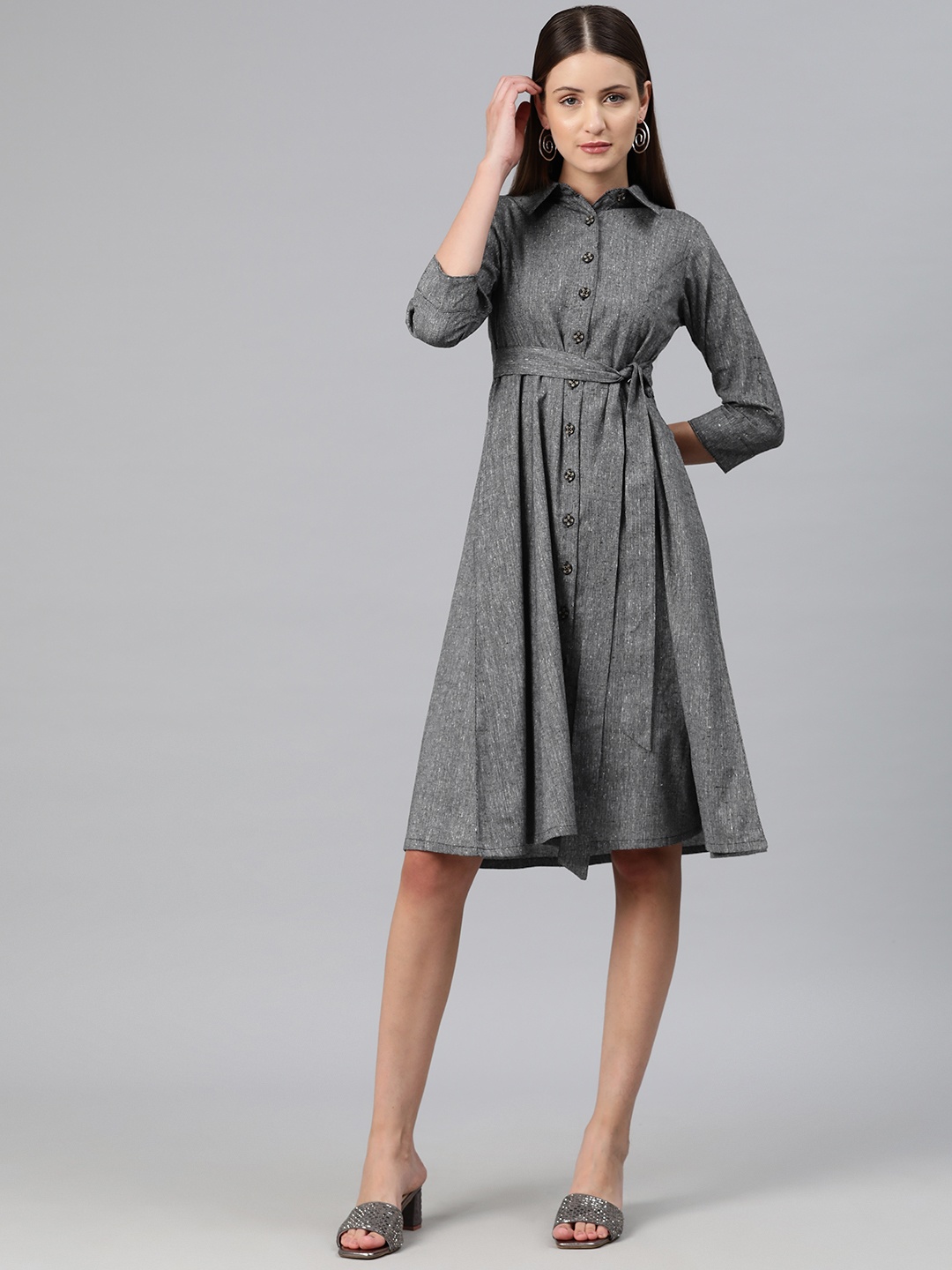 

Cottinfab Shirt Dress with Tie-Up Detail, Grey