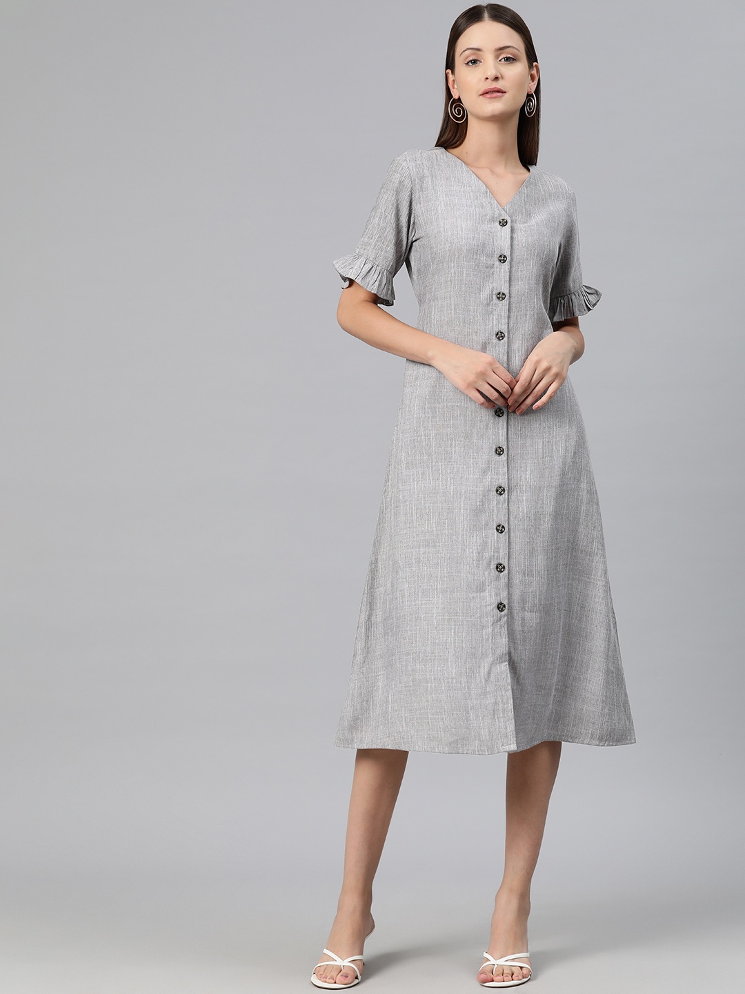 

Cottinfab Bell Sleeves A-Line Dress, Grey