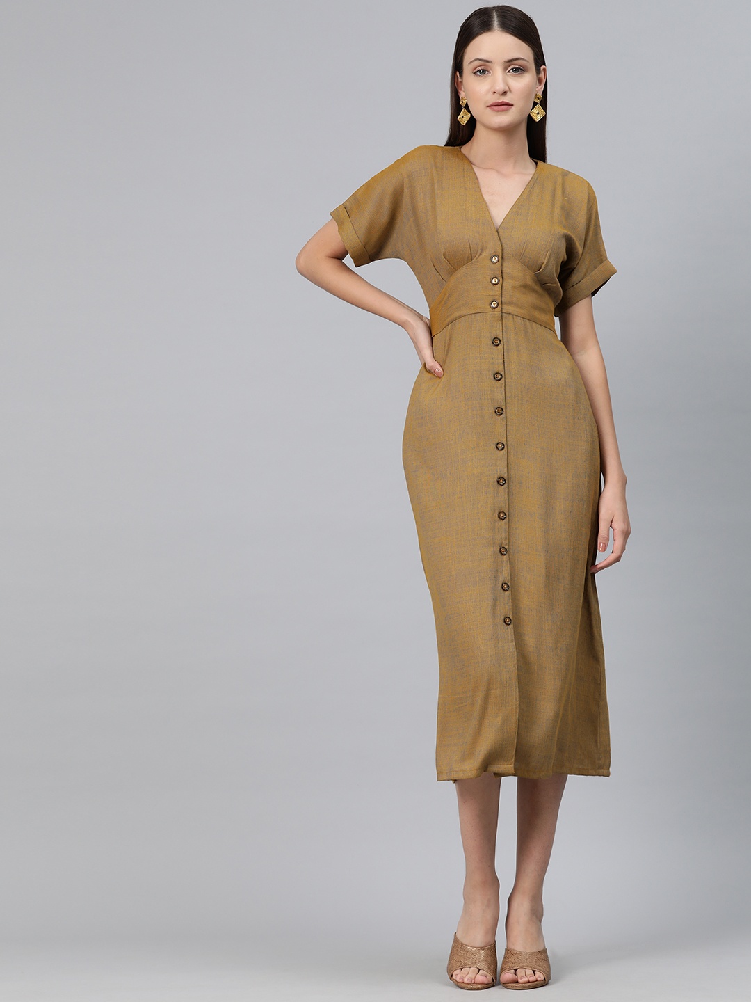 

Cottinfab A-Line Midi Dress with Tie-Up Detail, Camel brown