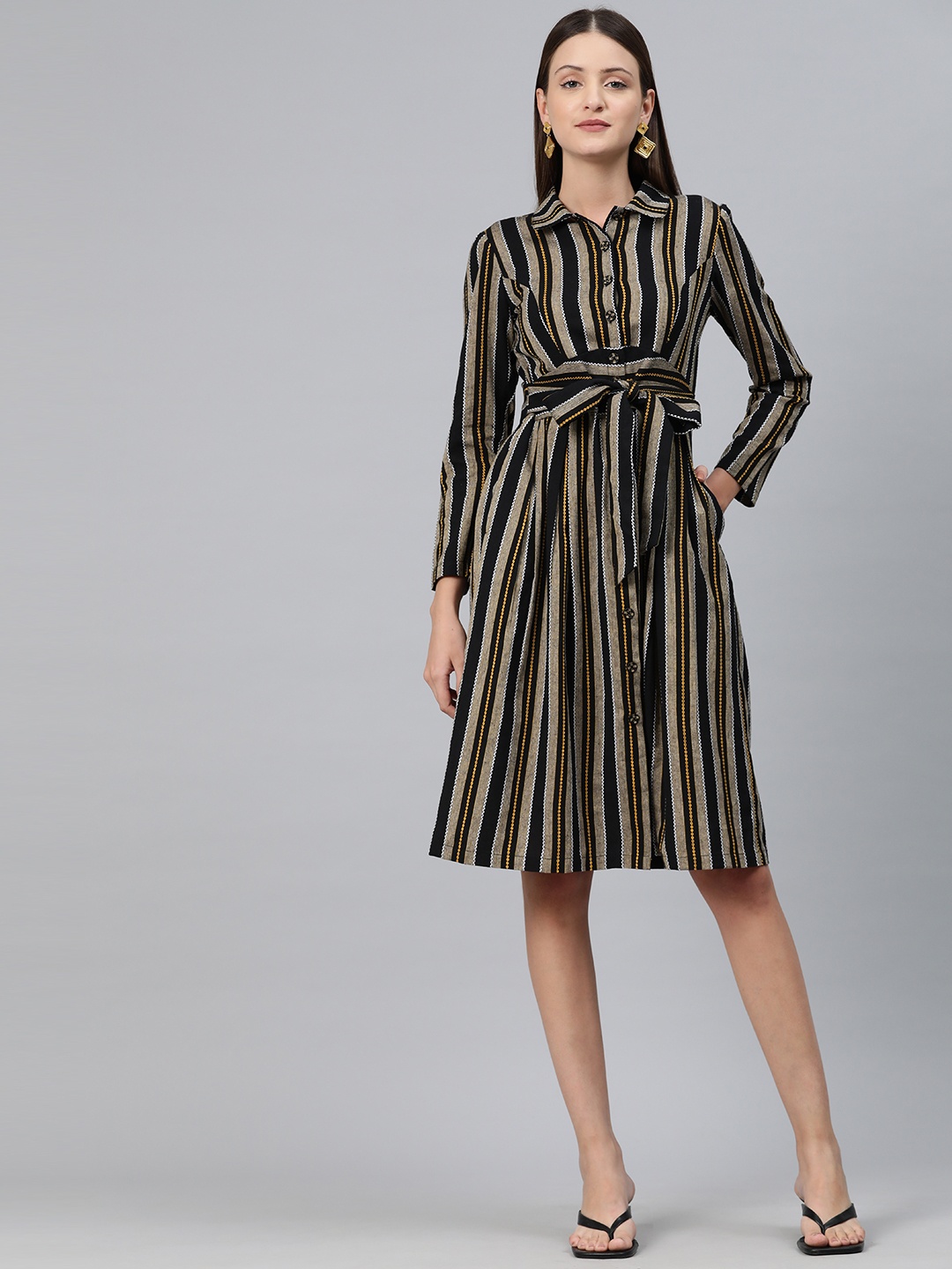 

Cottinfab Striped Shirt Dress with Tie-Up Detail, Black