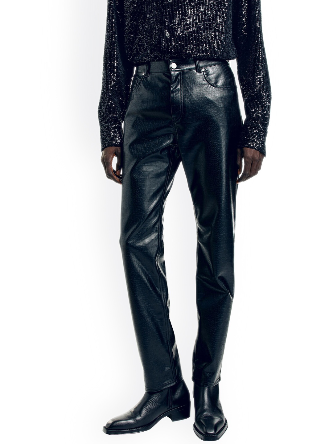 

H&M Men Slim-Fit Coated Trousers, Black