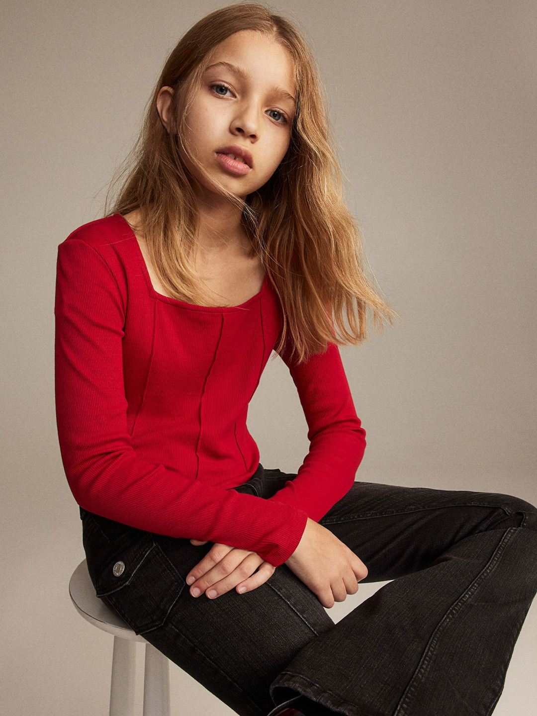 

H&M Girls Jersey Top with Pintucks, Red
