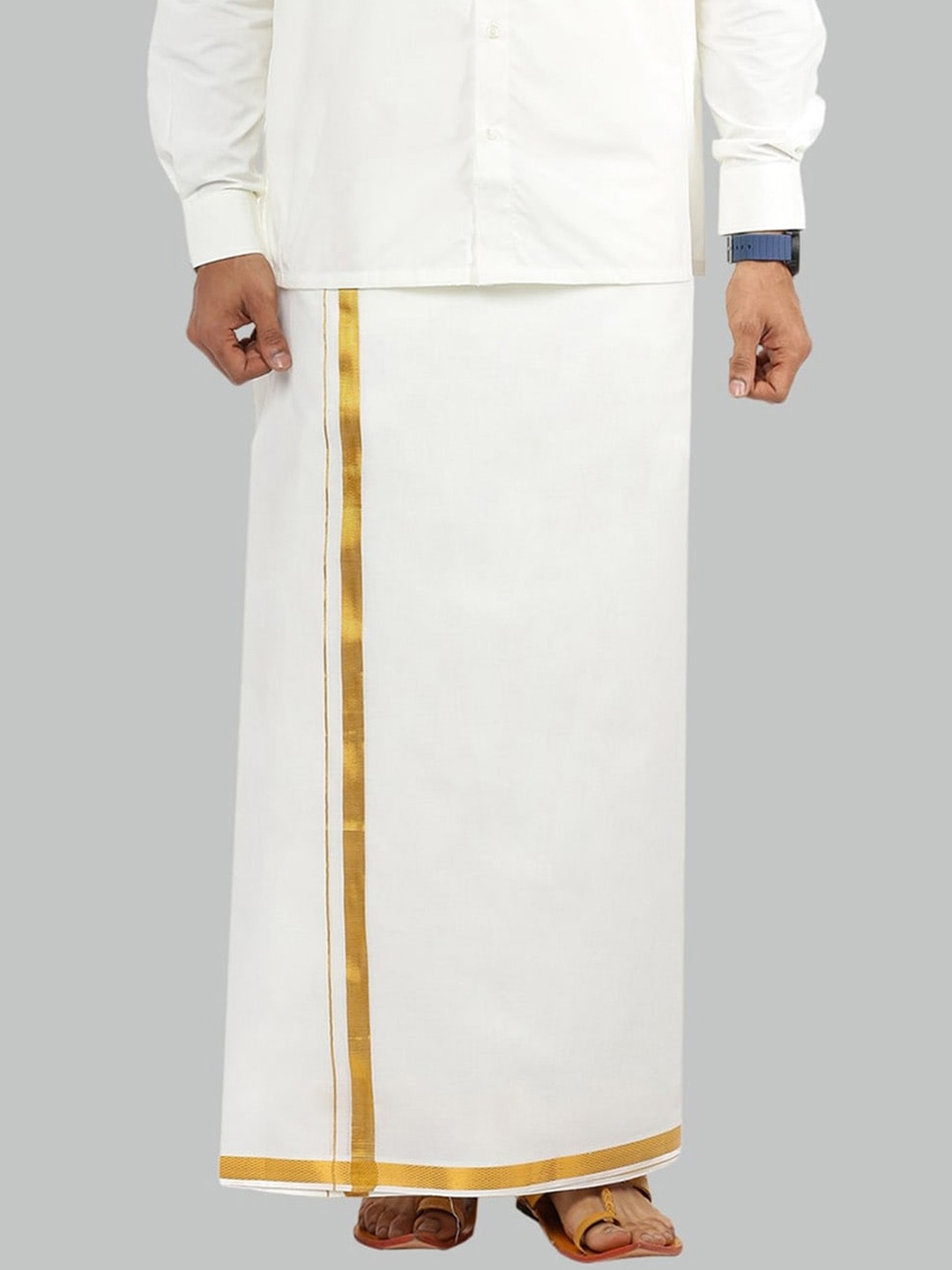 

Ramraj Gold Jari Border Single Cotton Dhoti, Cream