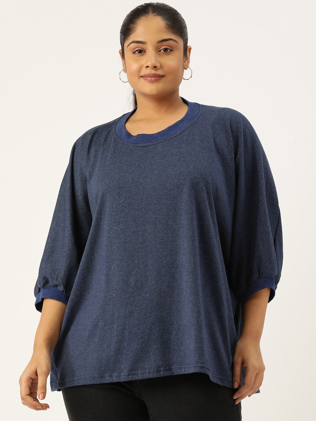 

theRebelinme Plus Size Batwing Sleeves Pure Cotton Longline Top, Blue