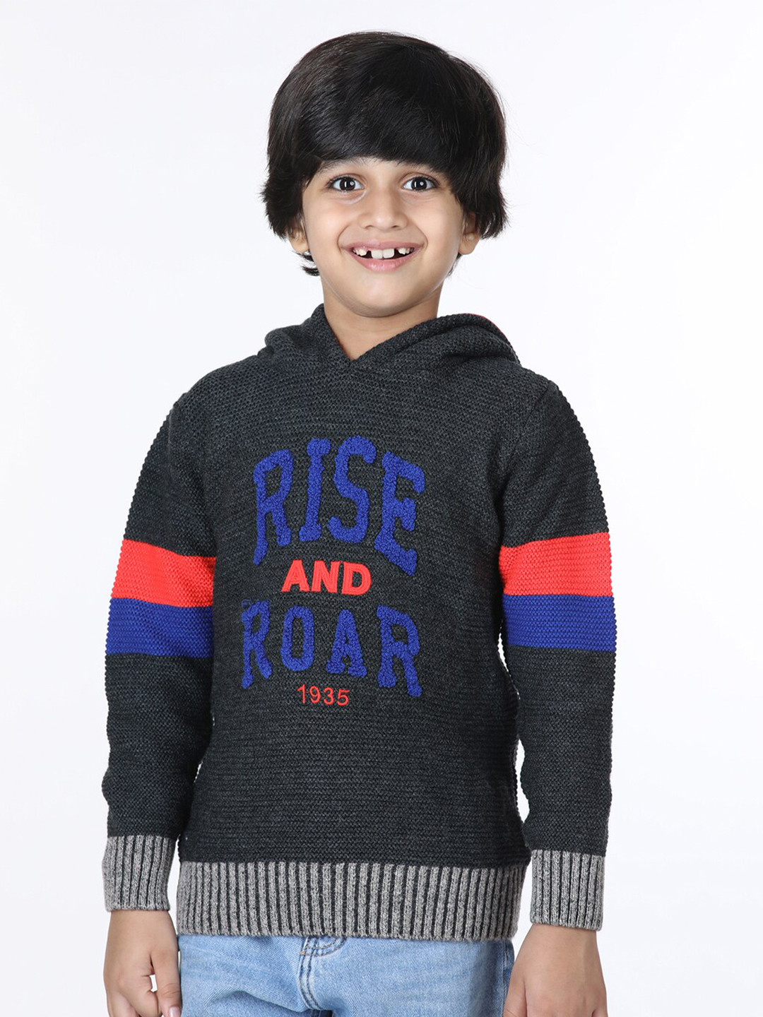 

Wingsfield Boys Self Design Hooded Pullover Sweater, Grey