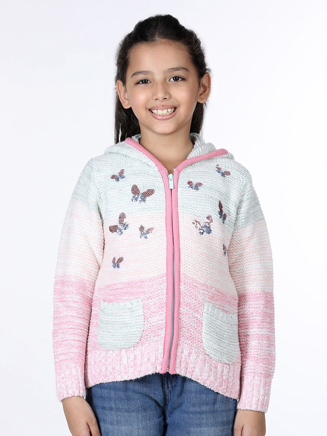 

Wingsfield Girls Ribbed Embellished Acrylic Front-Open Sweaters, White
