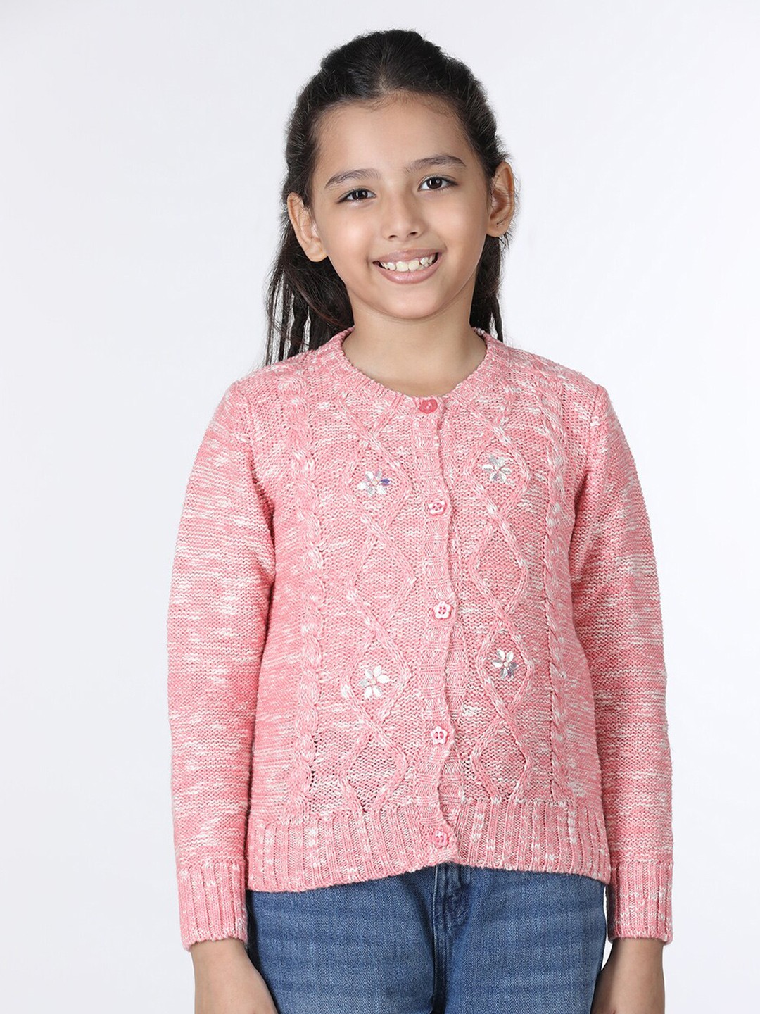 

Wingsfield Girls Cable Knit Self Design Cardigan Sweater, Pink