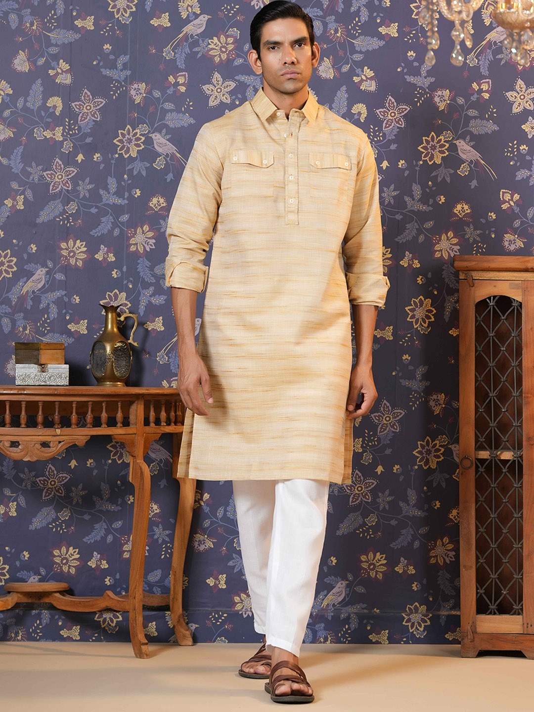 

House of Pataudi Woven Design Shirt Collar Cuffed Sleeves Pure Cotton Straight Kurta, Beige