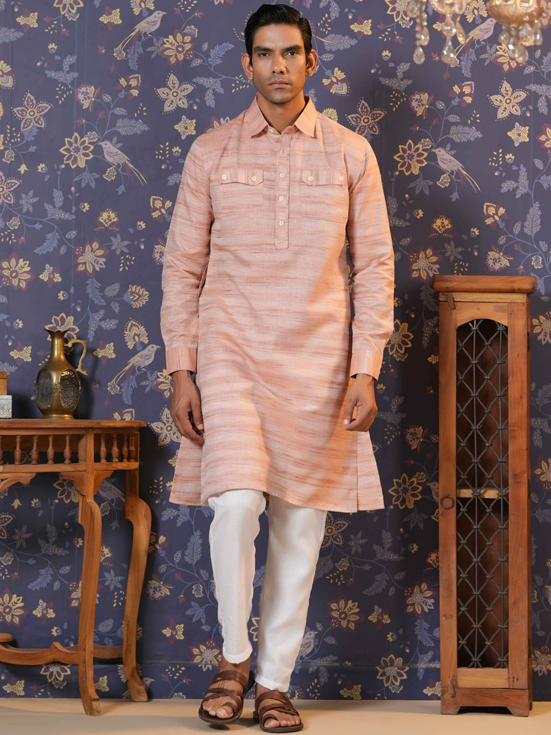 

House of Pataudi Woven Design Shirt Collar Cuffed Sleeves Pure Cotton Straight Kurta, Peach