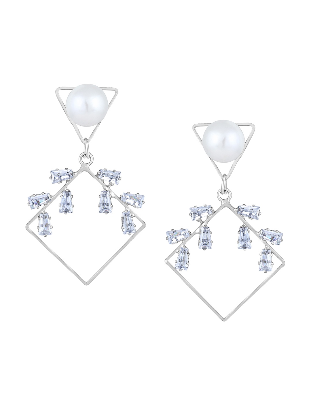 

Mahi Rhodium-Plated Artificial Stones Studded Contemporary Drop Earrings, Silver