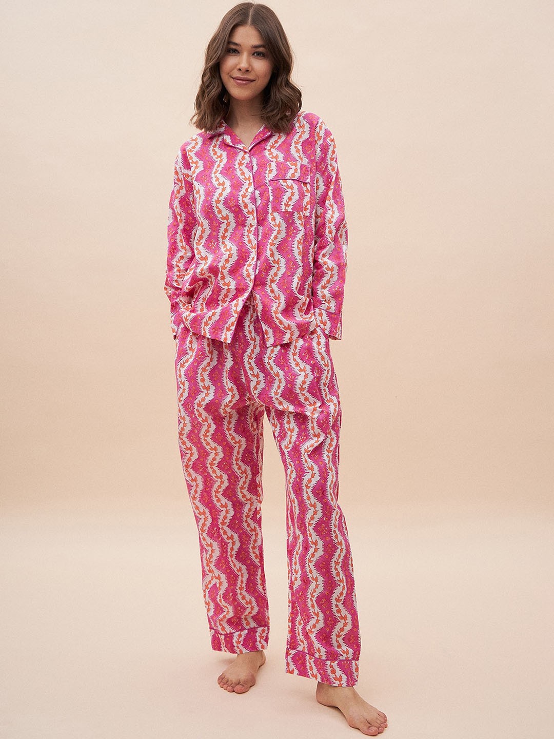 

Femella Ethnic Motifs Printed Long Sleeves Pure Cotton Shirt & Pyjamas, Pink