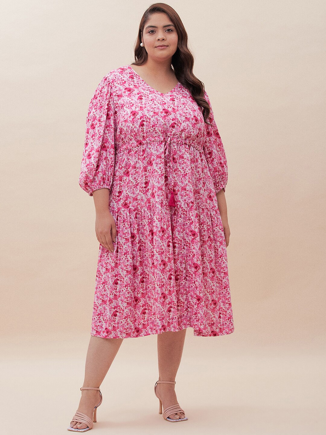 

Femella Plus Size Floral Printed Puff Sleeve A-Line Dress, Pink