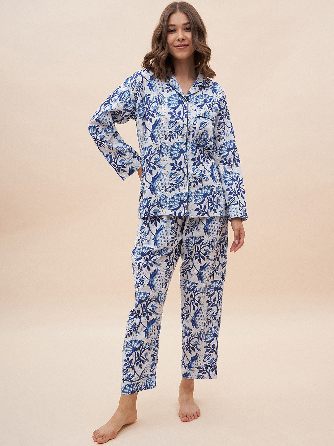 

Femella Floral Printed Lapel Collar Pure Cotton Shirt With Pyjamas, Blue
