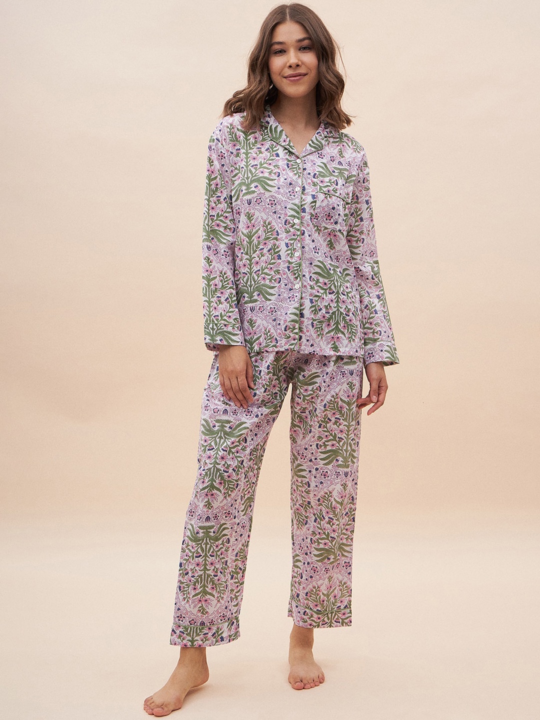 

Femella Floral Printed Long Sleeves Pure Cotton Shirt & Pyjamas, Lavender