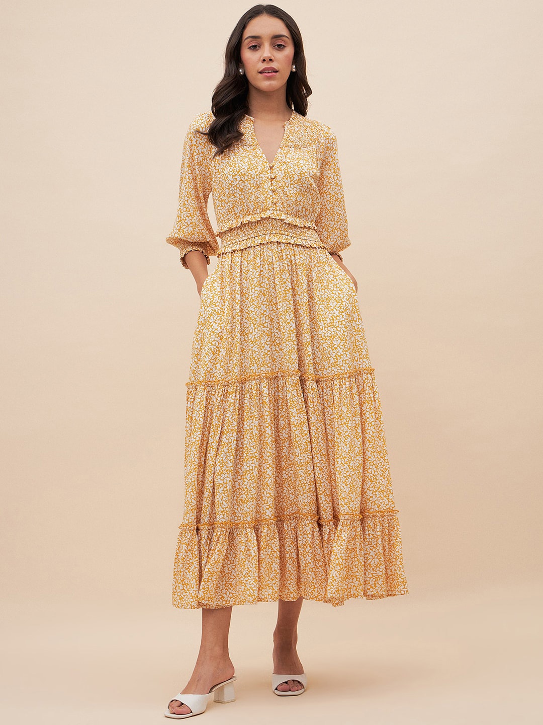 

Femella Floral Printed Puff Sleeves Smocked Tired A-Line Midi Dress, Mustard