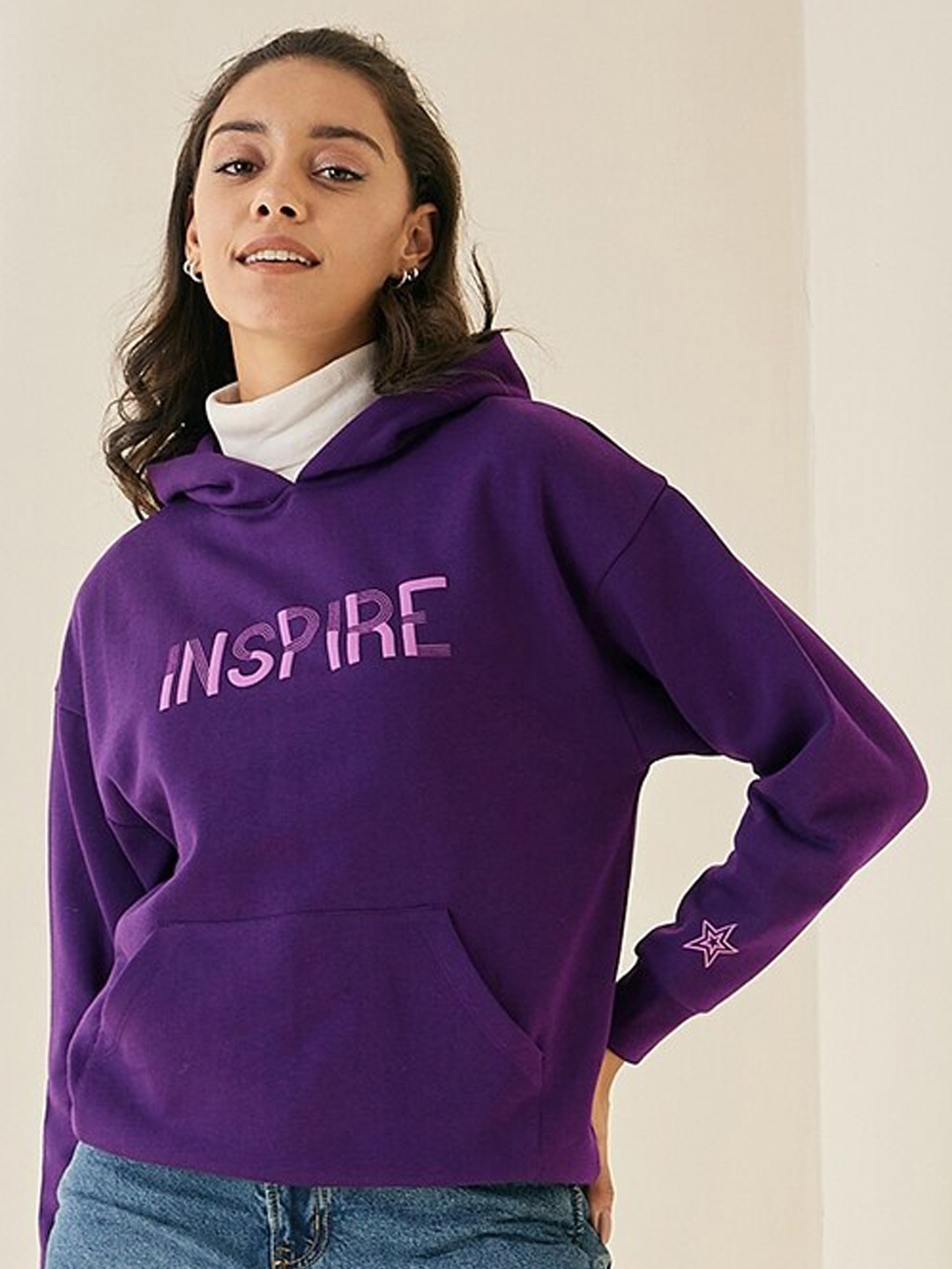 

Femella Typography Printed Hooded Oversized Sweatshirt, Purple