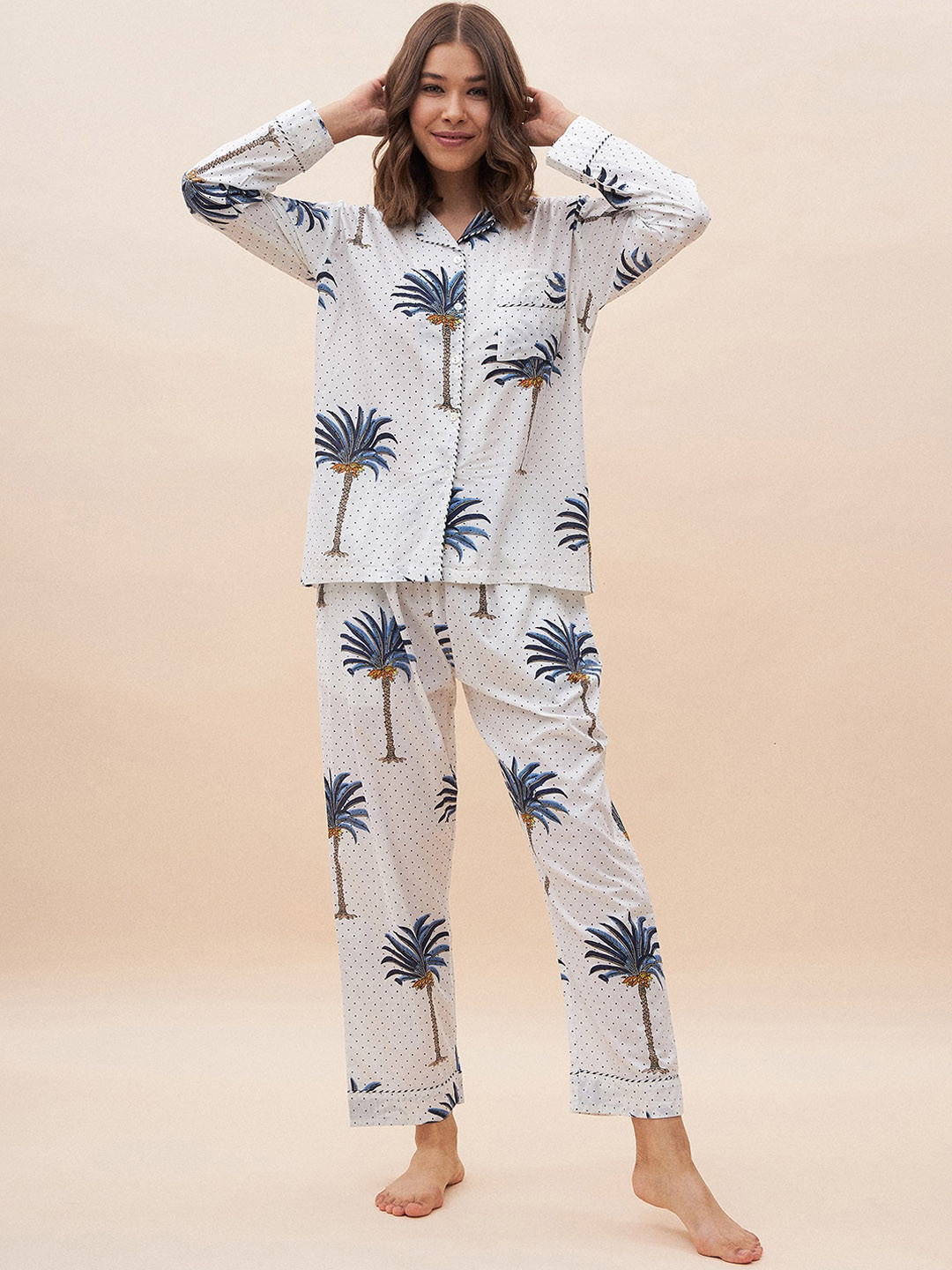 

Femella Tropical Printed Pure Cotton Nightsuit, White