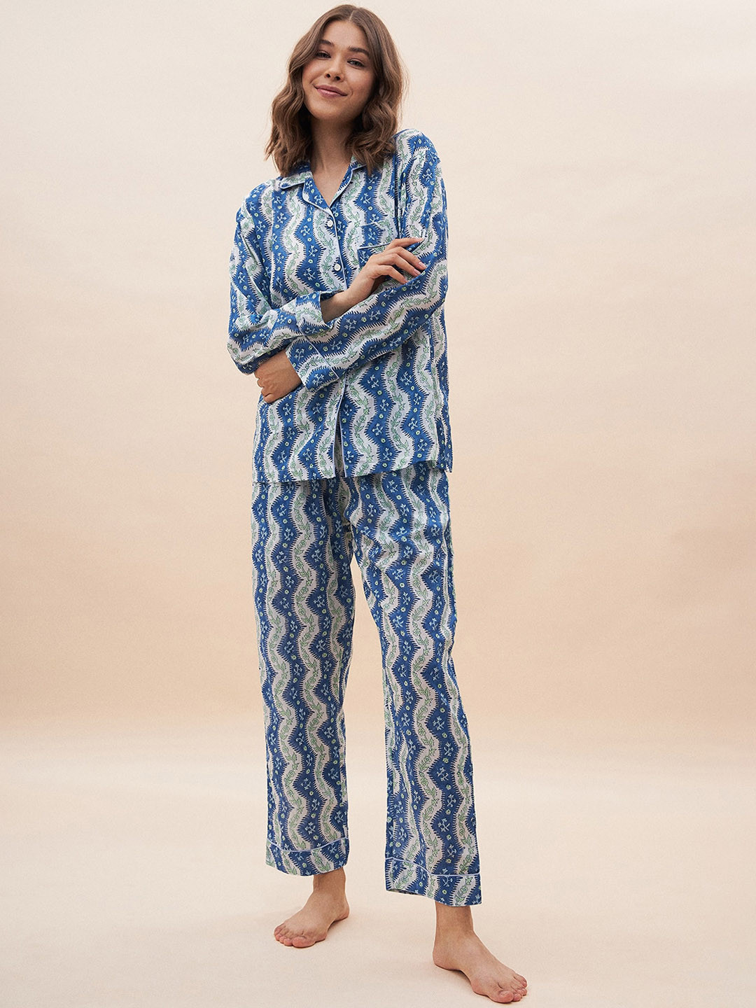 

FEMMELLA Geometric Printed Long Sleeves Pure Cotton Shirt & Pyjamas, Blue