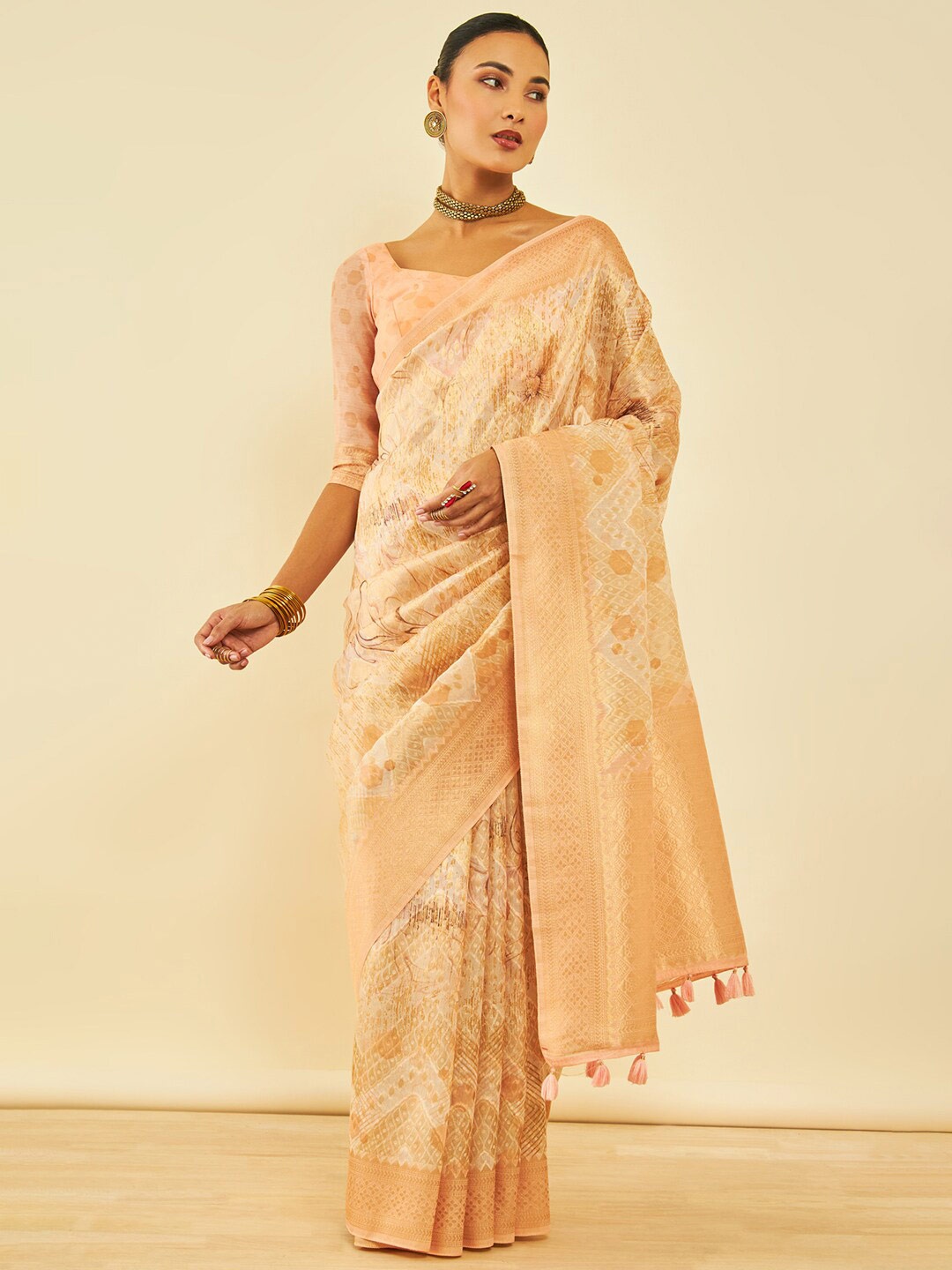 

Soch Abstract Woven Design Zari Silk Blend Tussar Saree, Gold