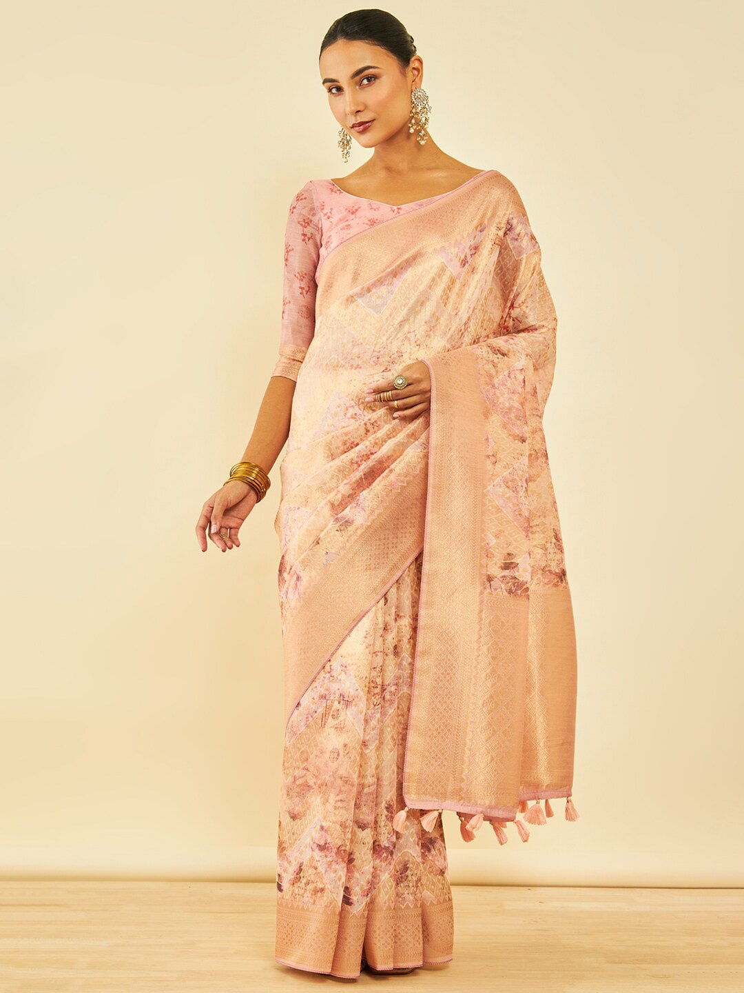 

Soch Beige & Gold-Toned Floral Woven Design Zari Tussar Saree