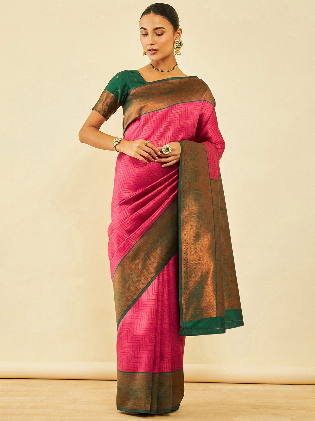 

Soch Pink & Green Geometric Woven Design Zari Saree