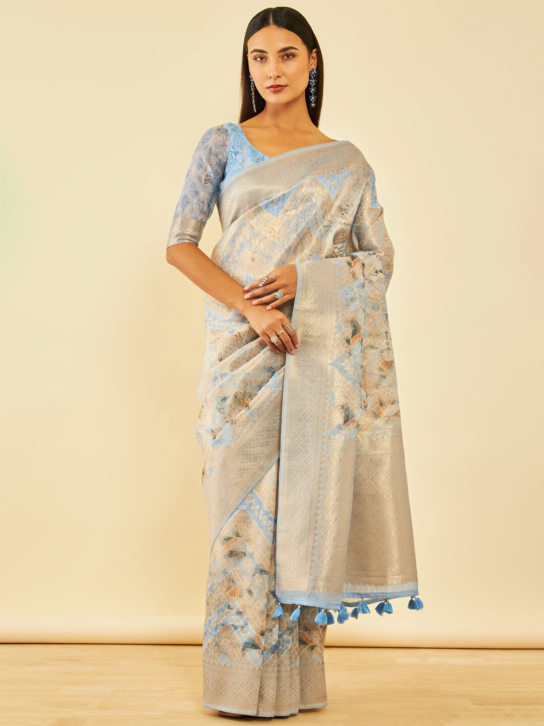 

Soch Woven Design Zari Silk Blend Tussar Saree, Blue