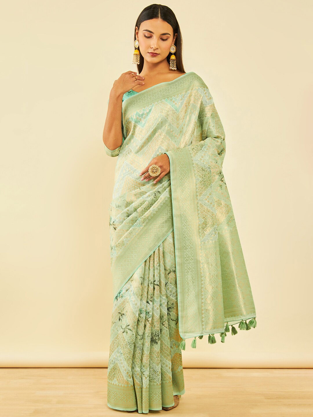 

Soch Geometric Woven Design Zari Silk Blend Tussar Saree, Green