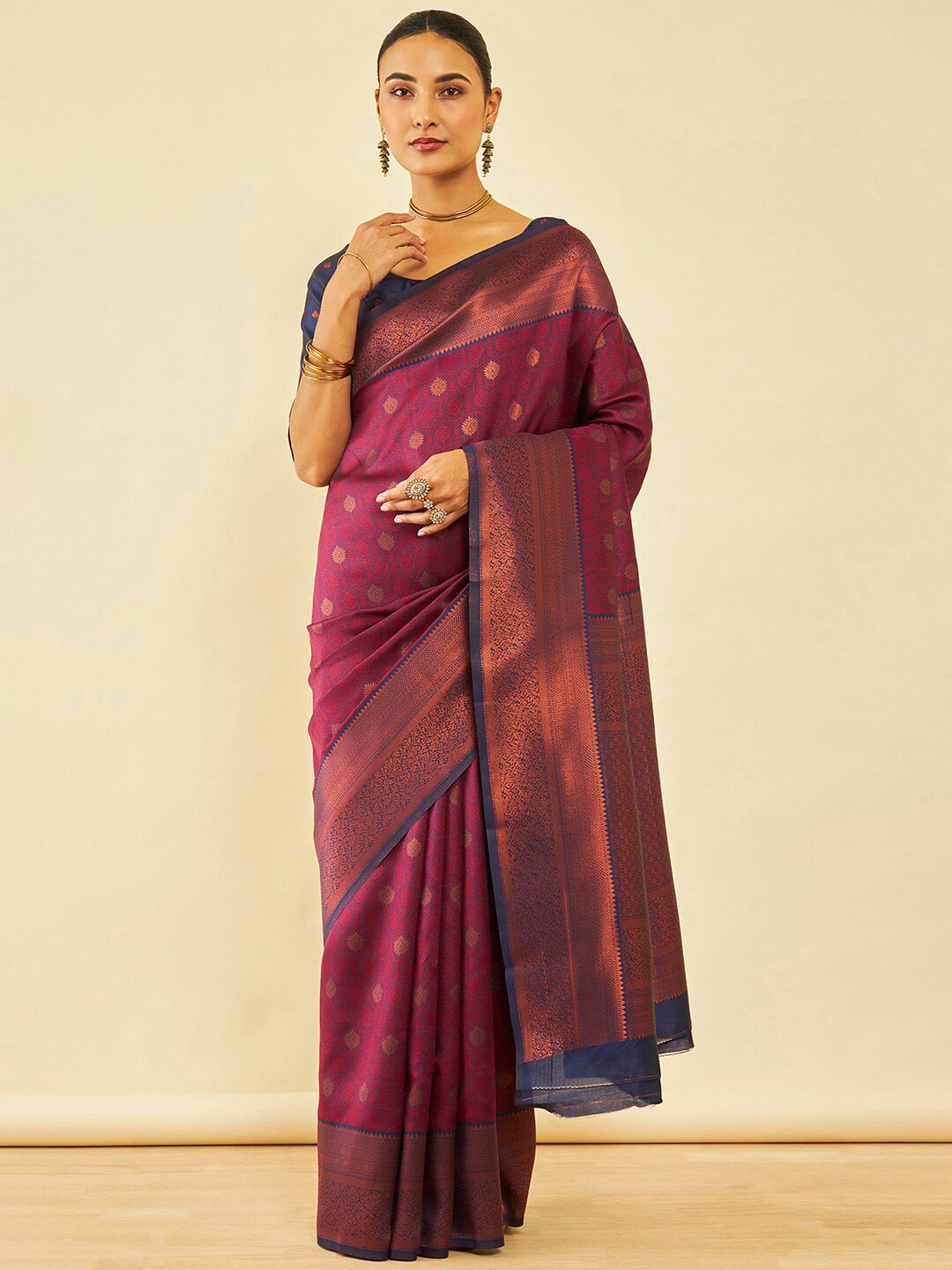 Soch Magenta & Gold-Toned Floral Woven Design Zari Silk Blend Saree