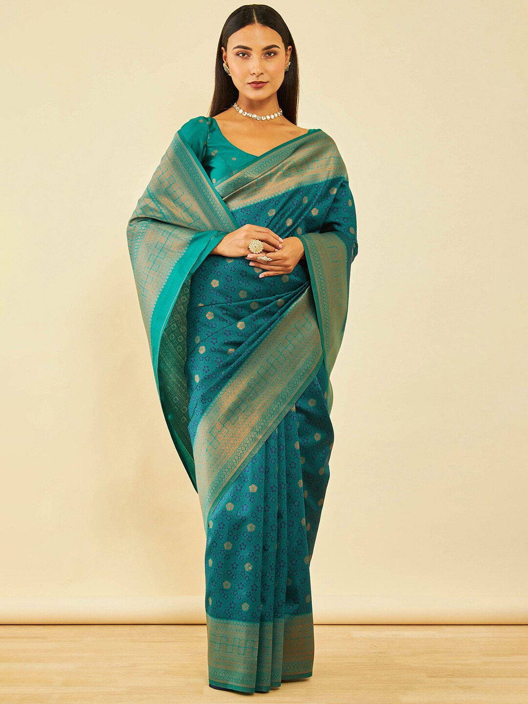 

Soch Floral Woven Design Zari Silk Blend Saree, Green