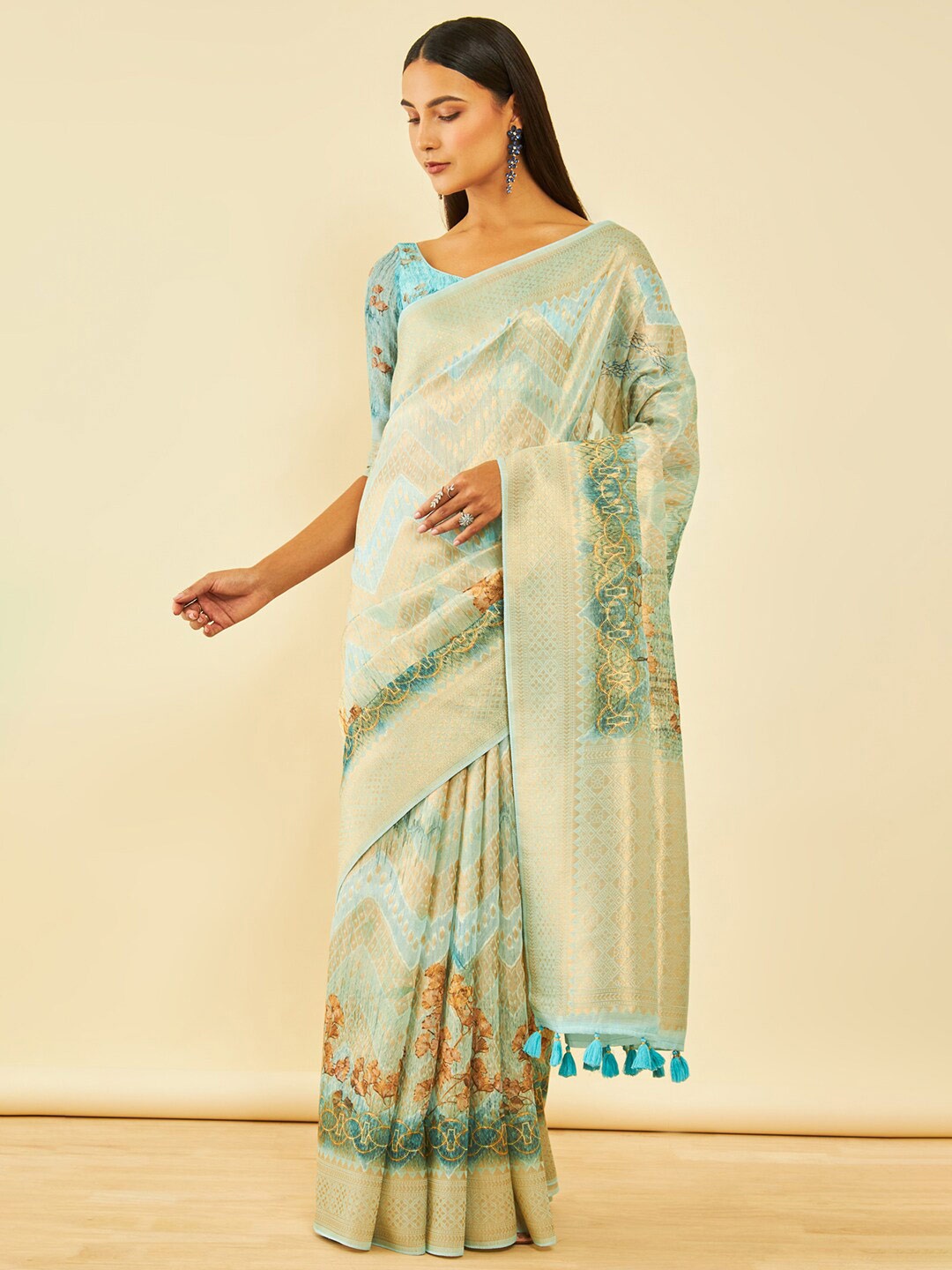 

Soch Turquoise Blue & Brown Geometric Woven Design Zari Tussar Saree
