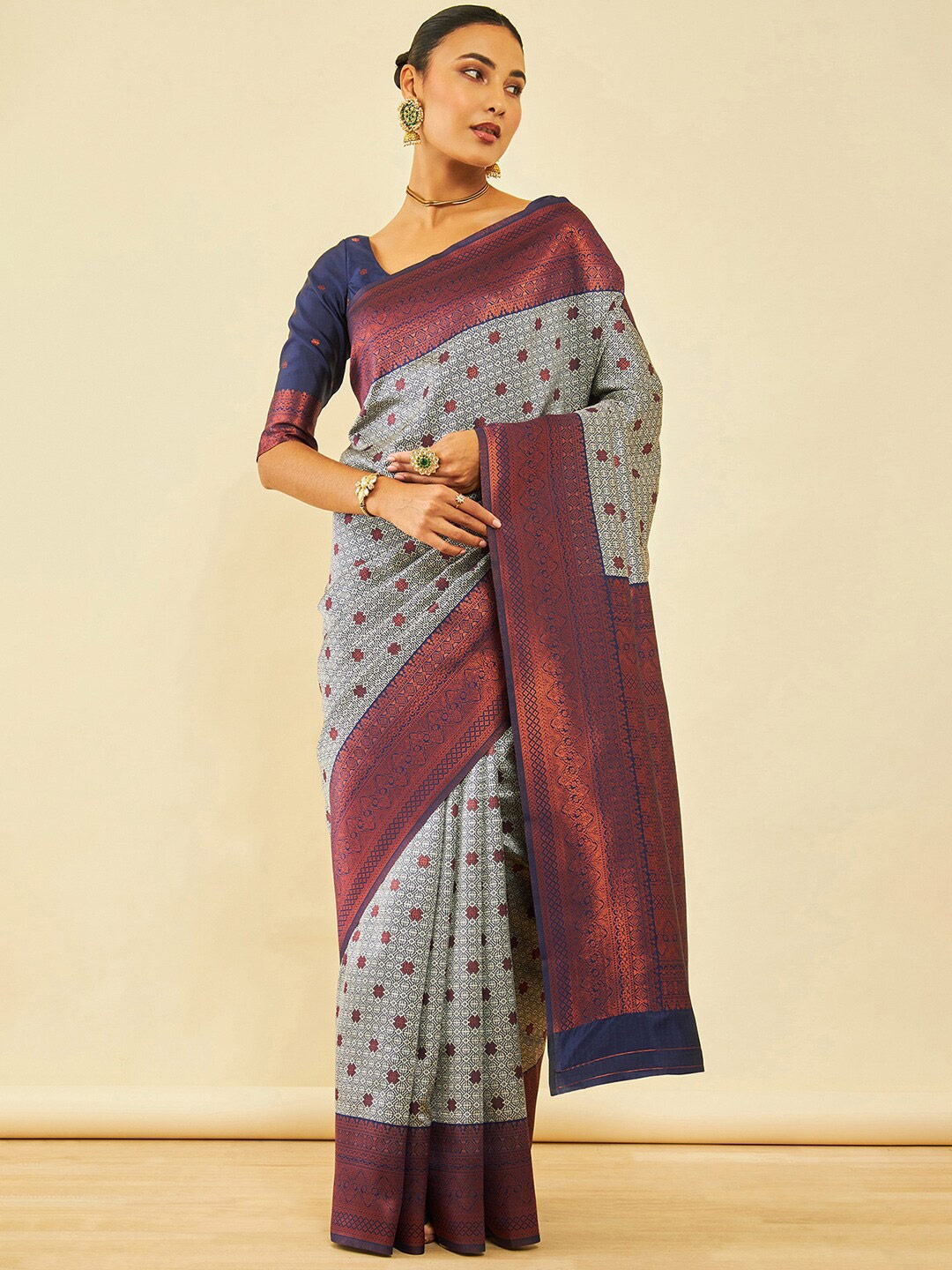 

Soch Grey & Pink Ethnic Motifs Woven Design Zari Saree