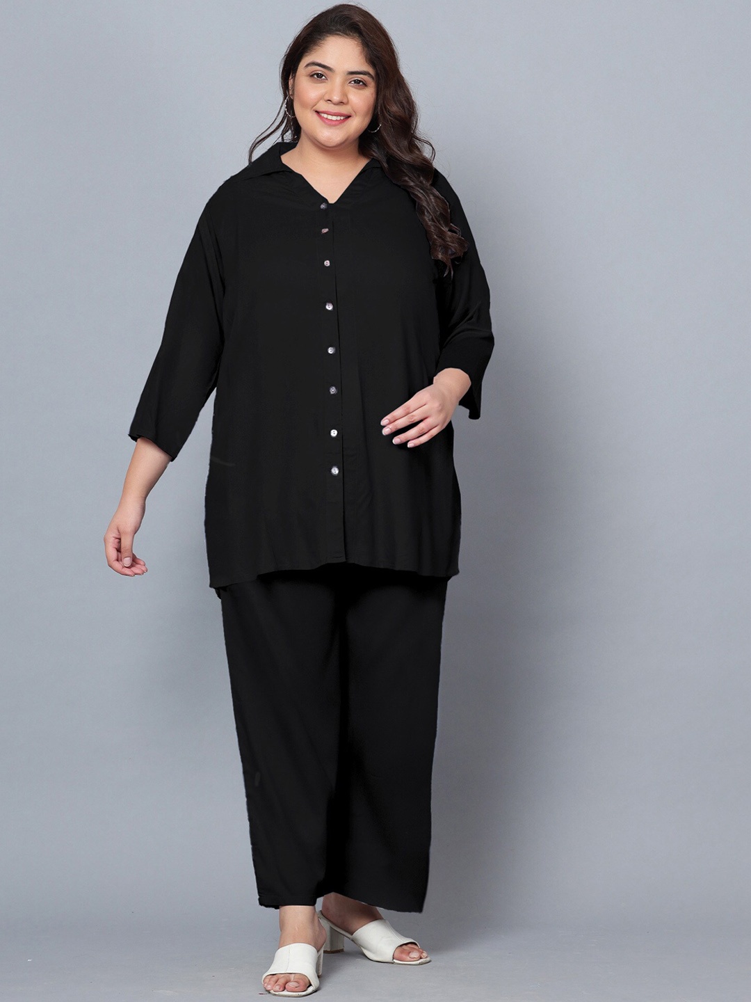 

Indietoga Plus Size Shirt Collar Shirt With Trousers, Black