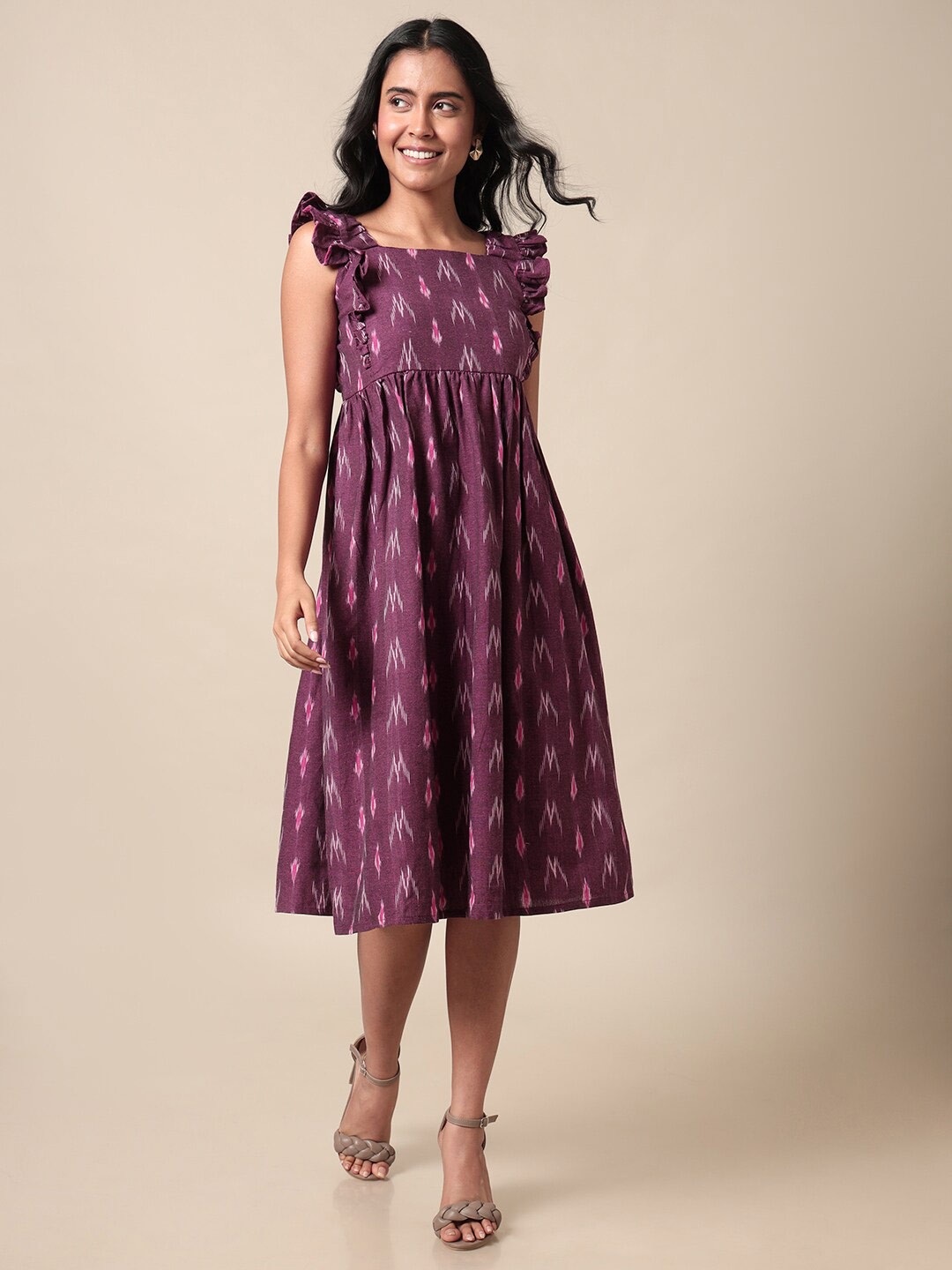 

Saaki Ethnic Motifs Printed Ruffles Cotton A-Line Midi Dress, Purple
