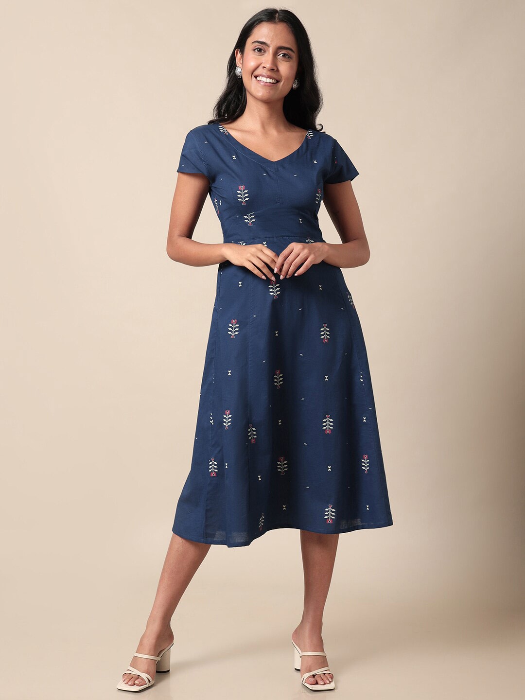 

Saaki Ethnic Motifs Printed Fit & Flare Cotton Midi Dress, Navy blue