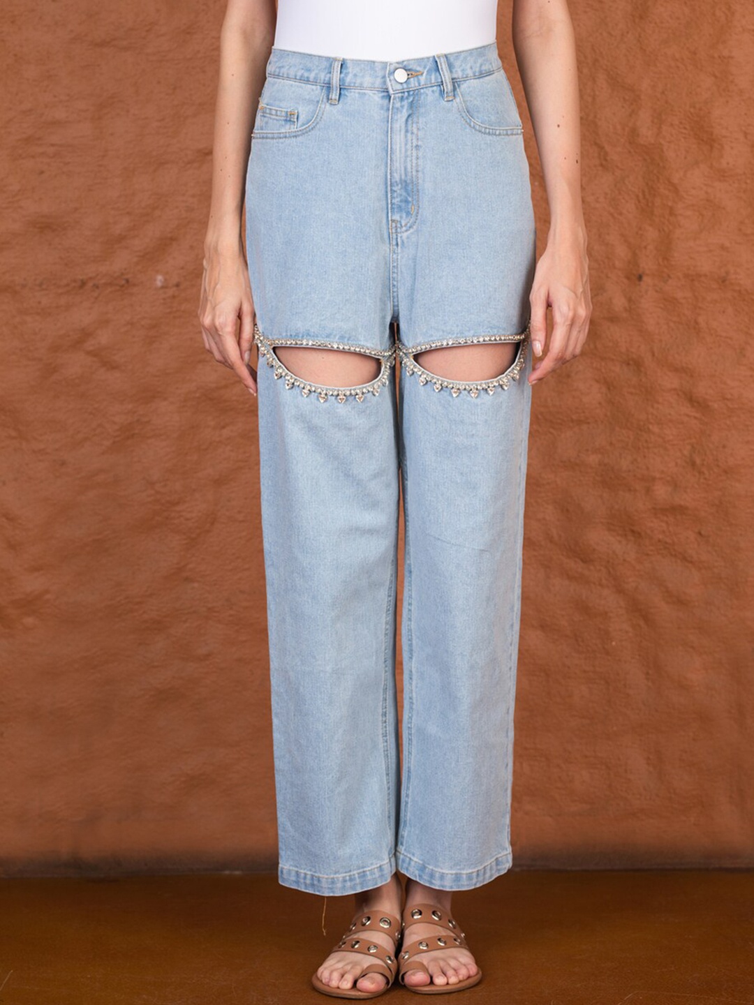 

FancyPants Women High-Rise Mildly Distressed Zip Cotton Jeans, Blue