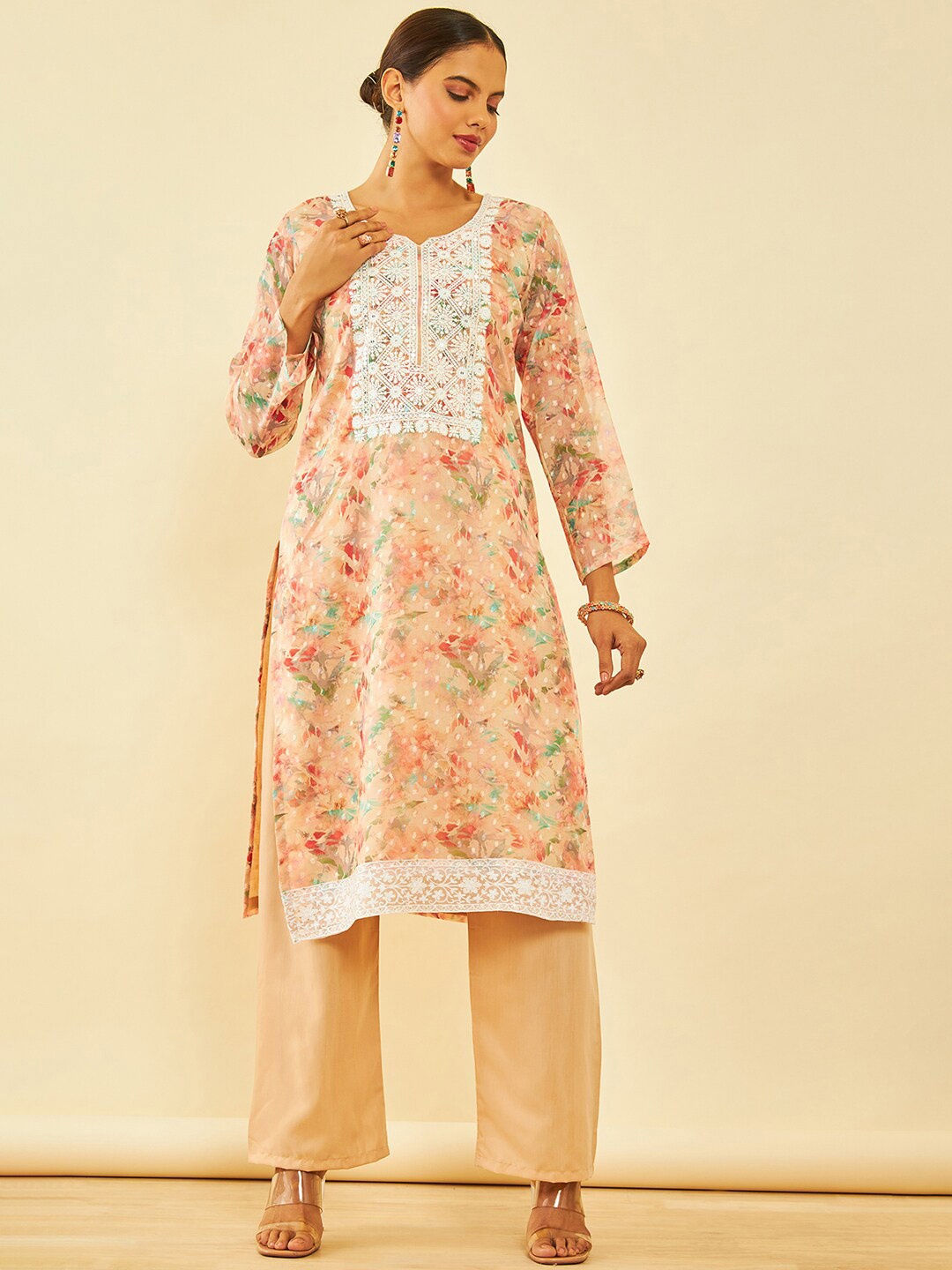 

Soch Floral Embroidered Sequinned Organza Unstitched Dress Material, Peach