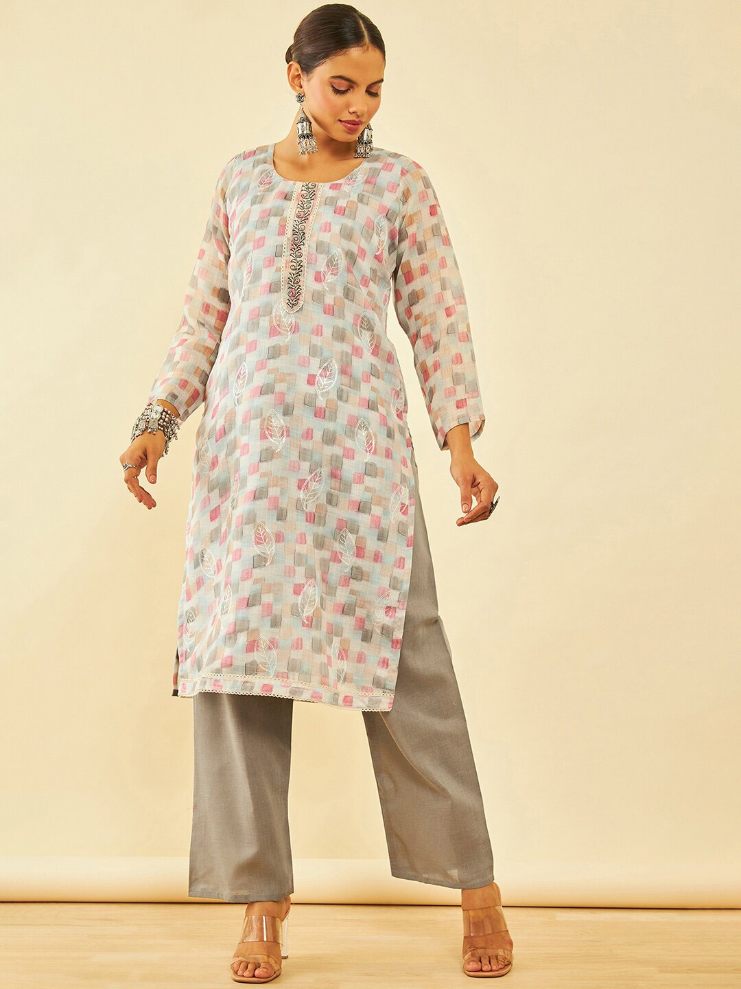 

Soch Geometric Printed Sequinned Linen Unstitched Dress Material, White