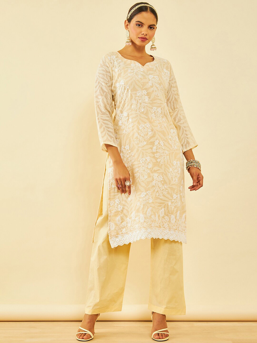 

Soch Floral Embroidered Pure Cotton Unstitched Dress Material, Beige