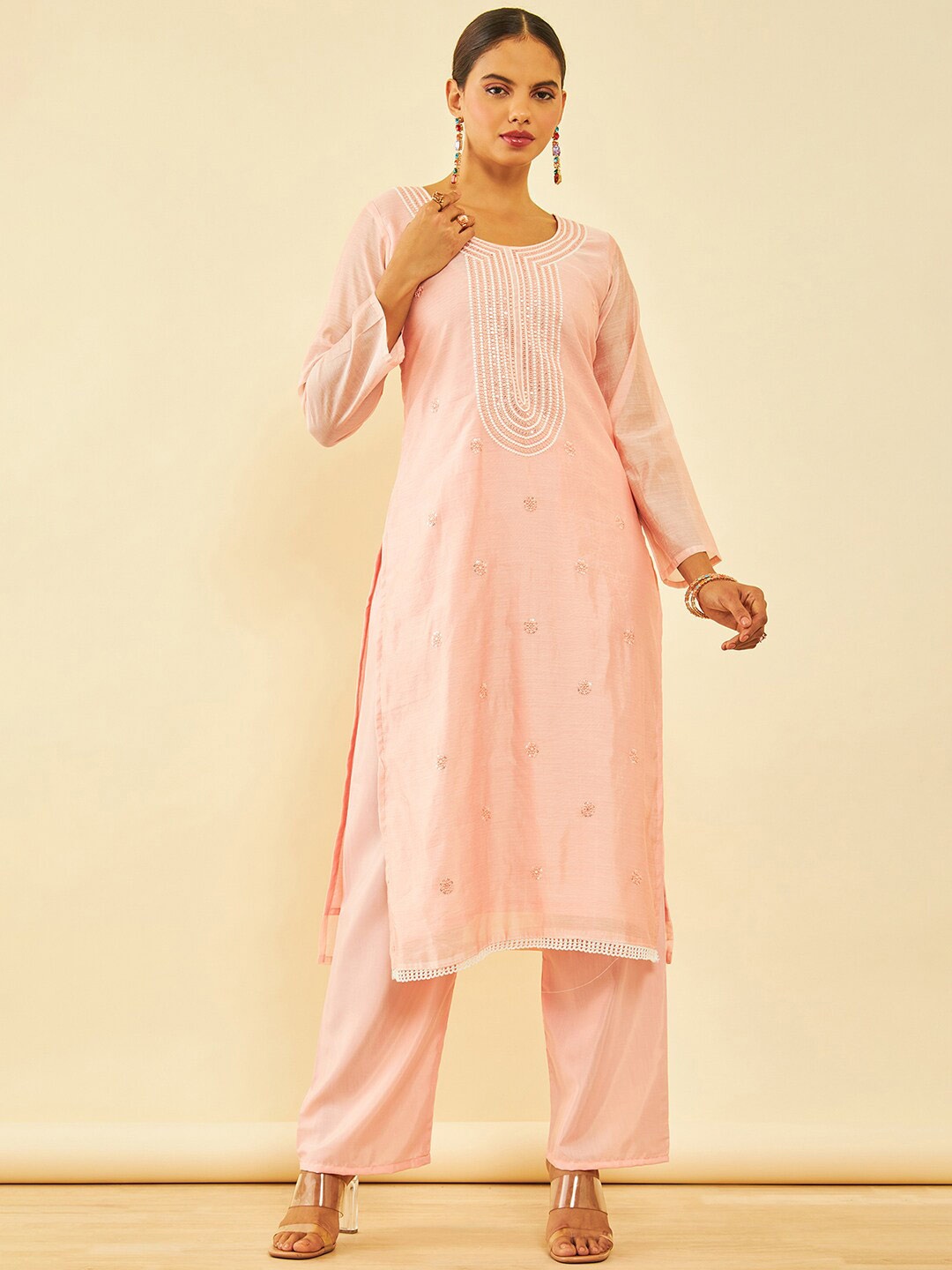 

Soch Embroidered Sequinned Unstitched Dress Material, Peach