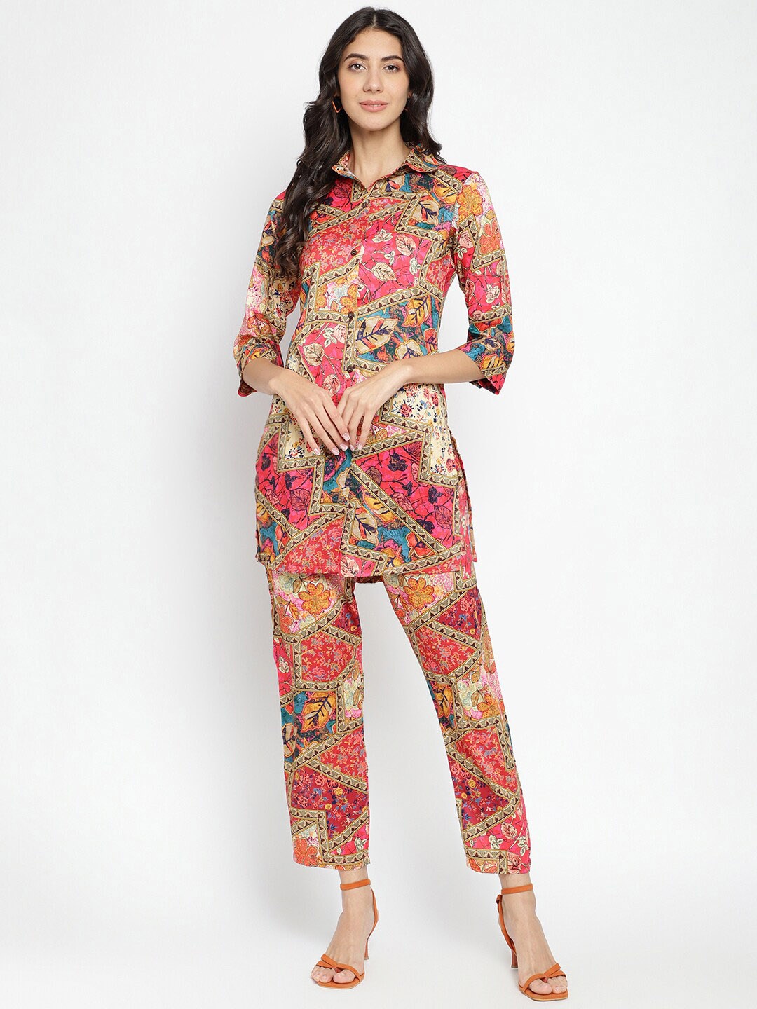 

COLORWINGS Printed Shirt Collar Tunic With Trousers, Pink