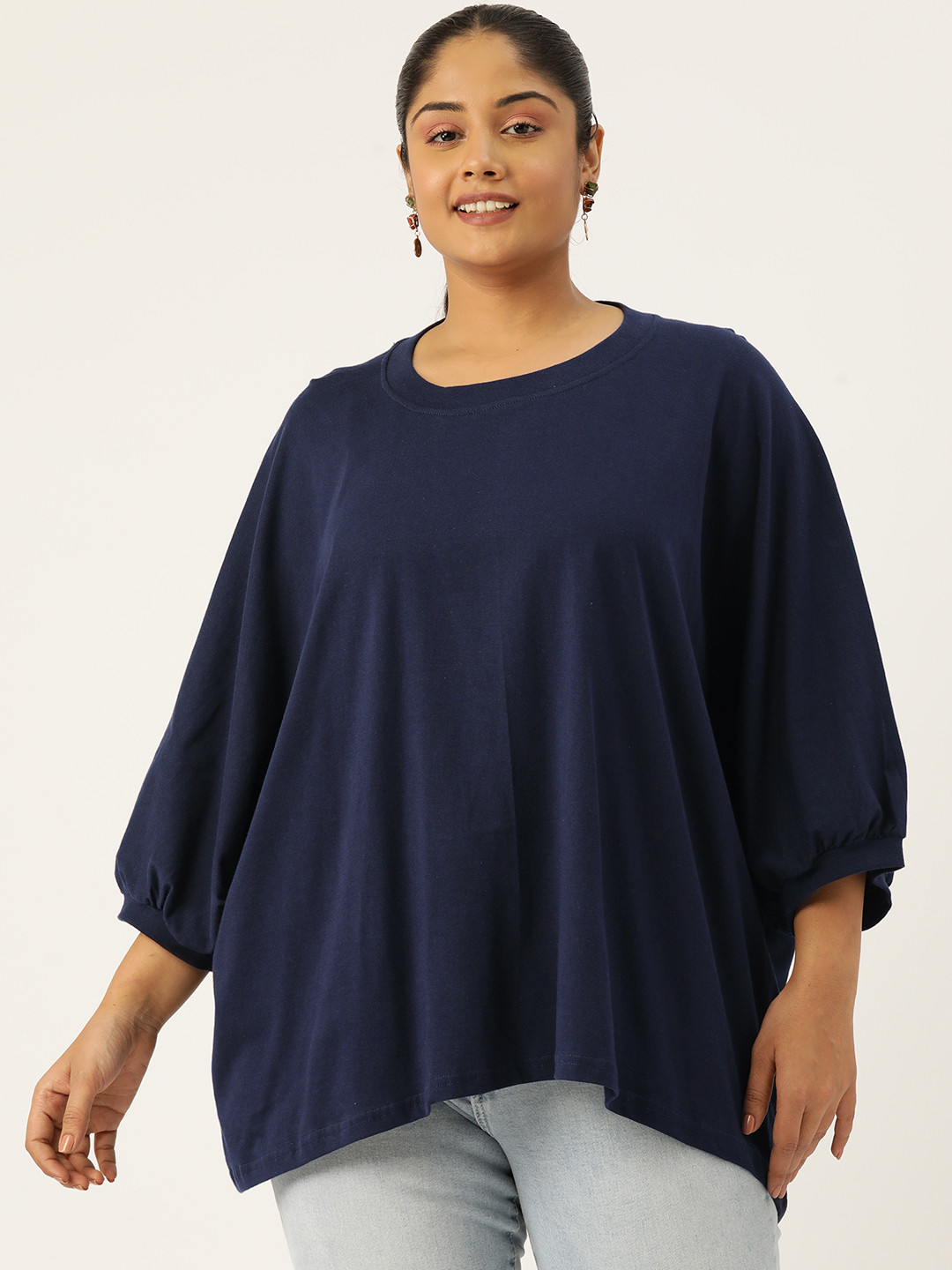 

theRebelinme Plus Size Batwing Sleeves Pure Cotton Longline Top, Navy blue