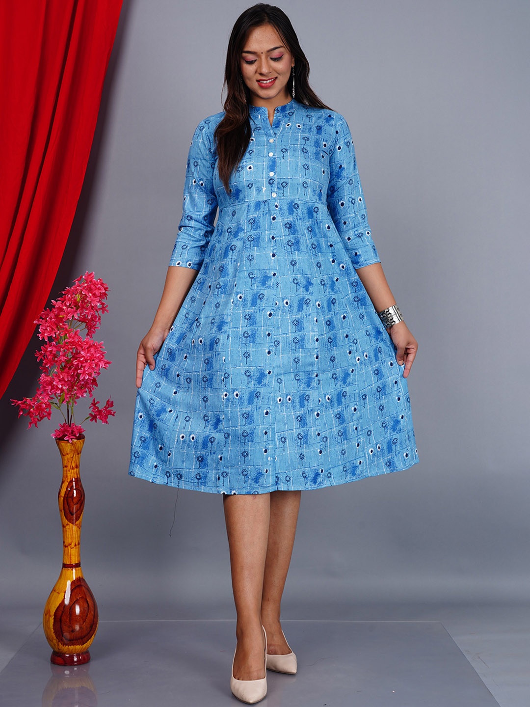 

KALINI Ethnic Motifs Printed Mandarin Collar A-Line Ethnic Dresses, Blue