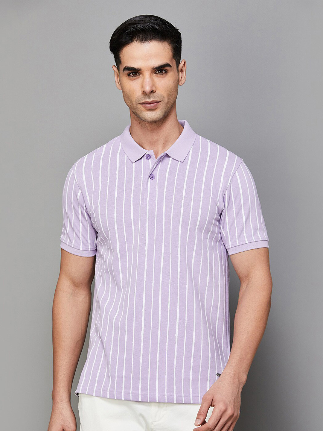 

CODE by Lifestyle Striped Polo Collar Short Sleeves Cotton Regular T-shirt, Purple