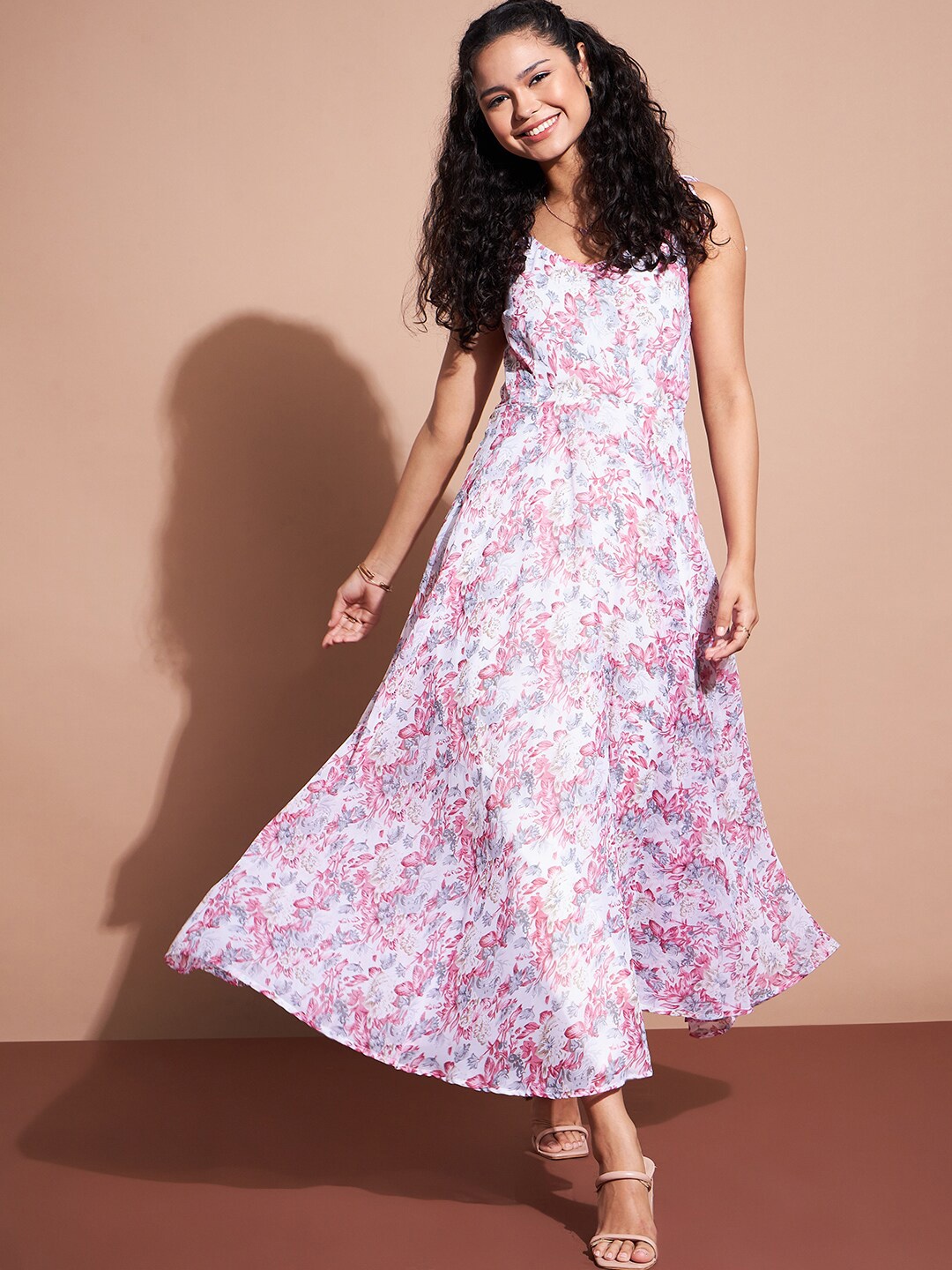 Deewa Floral Printed Sleeveless Georgette A-Line Dress, White