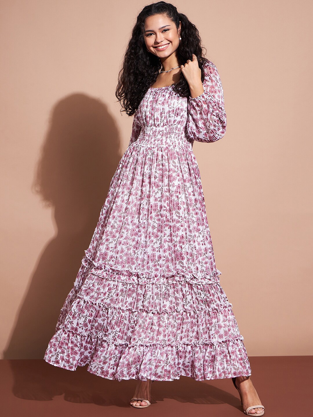 

Deewa Floral Print Smocked Georgette Maxi Dress, White